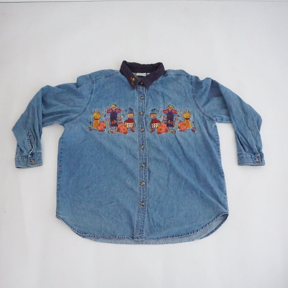 Vintage Bobbie Brooks Blue Embroidered Scarecrow Pumpkin Denim Shirt Jean 18W